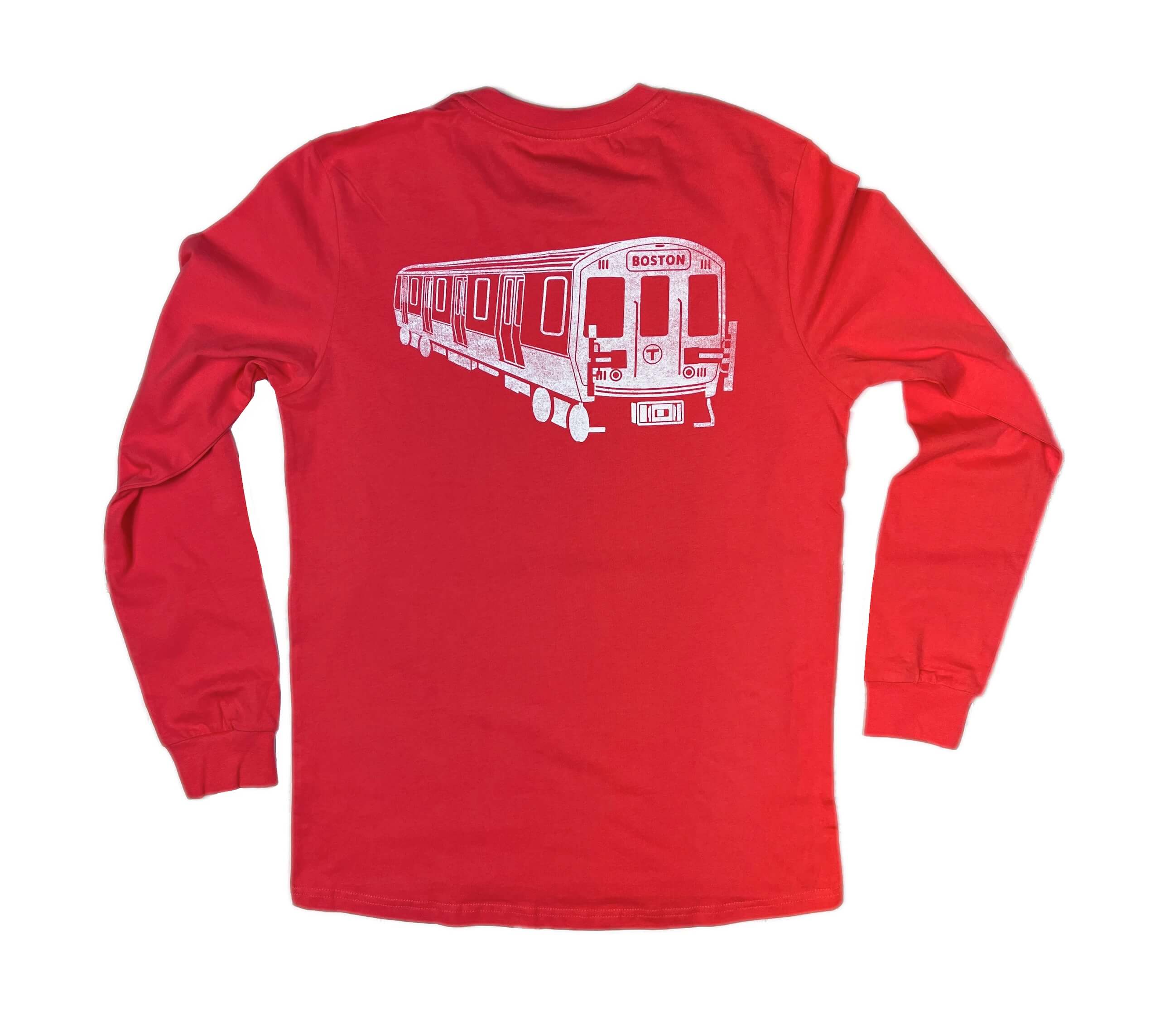 Adult size red long sleeve cotton t-shirt with Boston MBTA Red Line subway train on the back